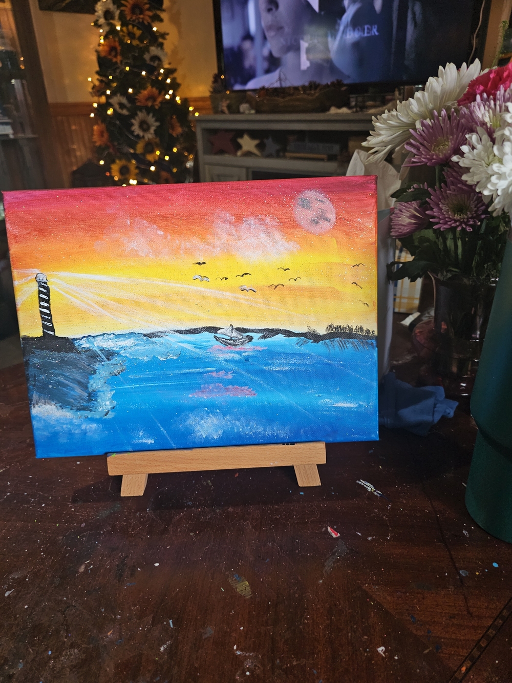 Sunset Seascape Canvas Art - Blue, Yellow & Pink BY Colleen Holohan